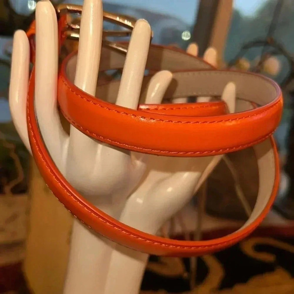 Women's Skinny Bright Orange Dress Belt Silver Tone Rectangle Buckle Small - Picture 8 of 14